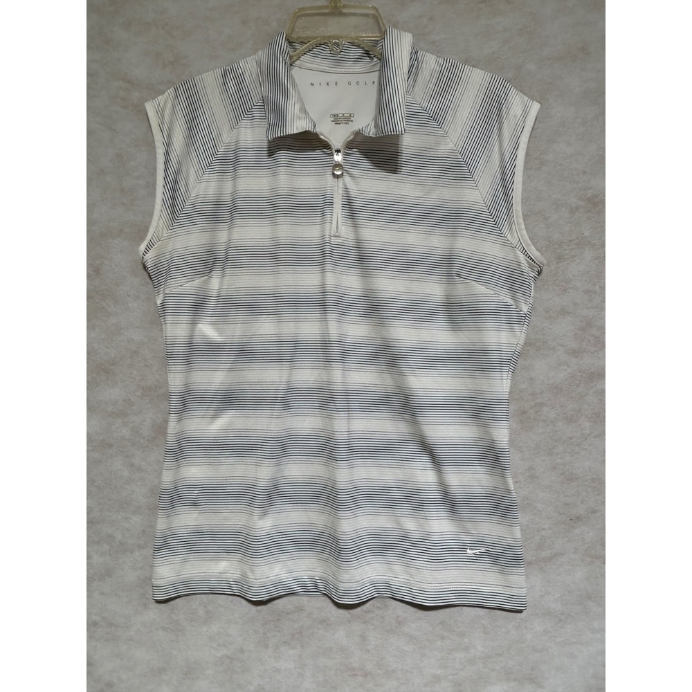 Nike Golf Womens Medium White Striped Sleeveless Quarter Zip Polo Shirt Fit Dry